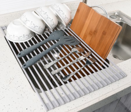 BWE 20.5 in x 13 in Roll Up Kitchen Sink Drying Dish Rack Foldable Drainer for Sink Counter Cups Fruits Vegetables in Gray